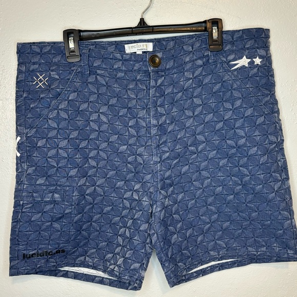 Urban Outfitters Lucid FC Denim Shorts Mens XL Blue Quilted Embroidery Logo NWOT - Picture 3 of 9